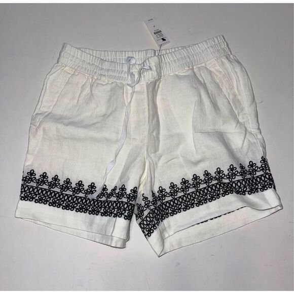 TALBOTS Womens White Linen Black Embroidered‎ Shorts Size P Petites NEW - Picture 1 of 6